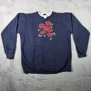 Basic Editions Sweatshirt Womens Small Navy Blue Rose Floral Double Collar 90s